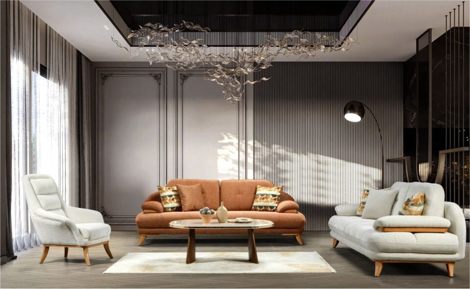 Lavinya Damla Koltuk Takımı 3+1+1 Krem/3 Lü Kremit