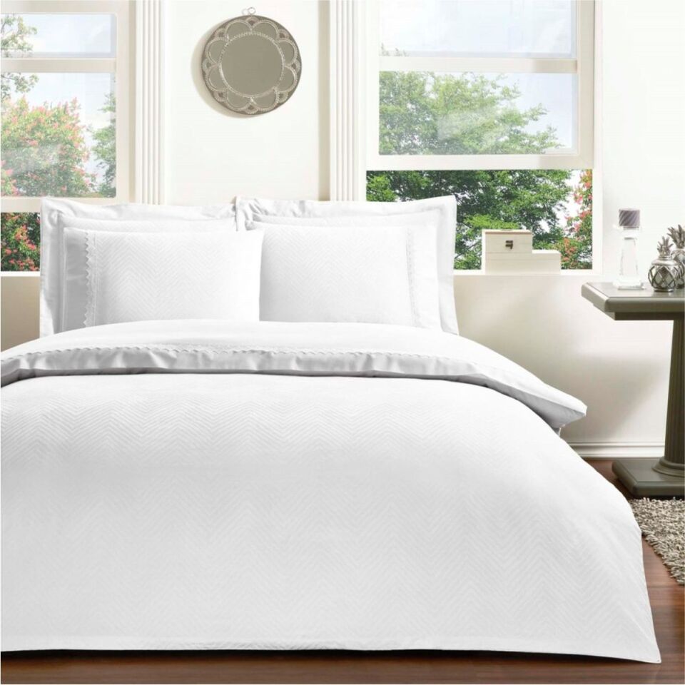 Taç Sambre Jakar Çift Kişilik Nevresim Takımı Beyaz