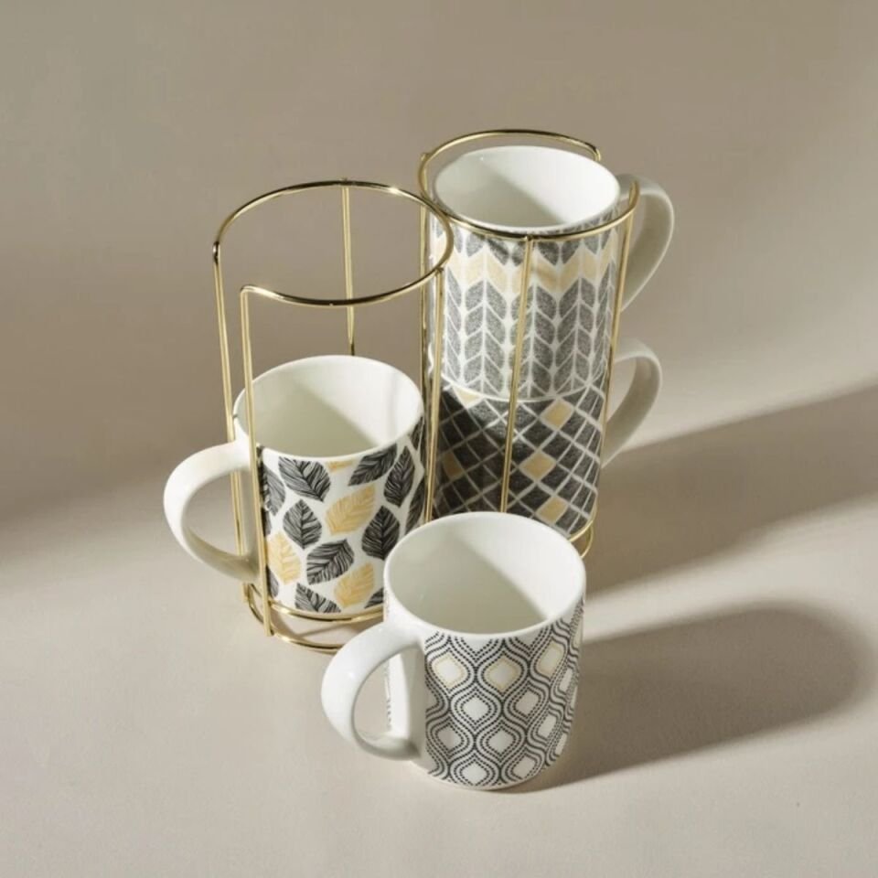 Karaca Nero 5 Parça Standlı Porselen Kupa/Mug Seti 320 Ml