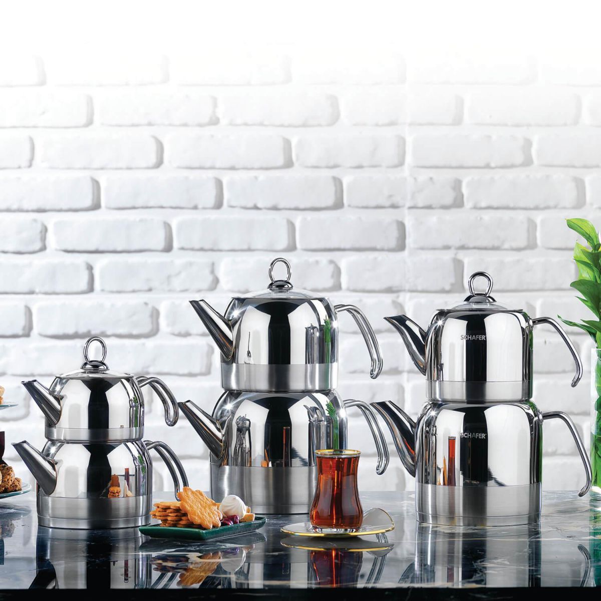 Schafer Ada Metal Çaydanlık Takımı Orta 4 Parça Inox