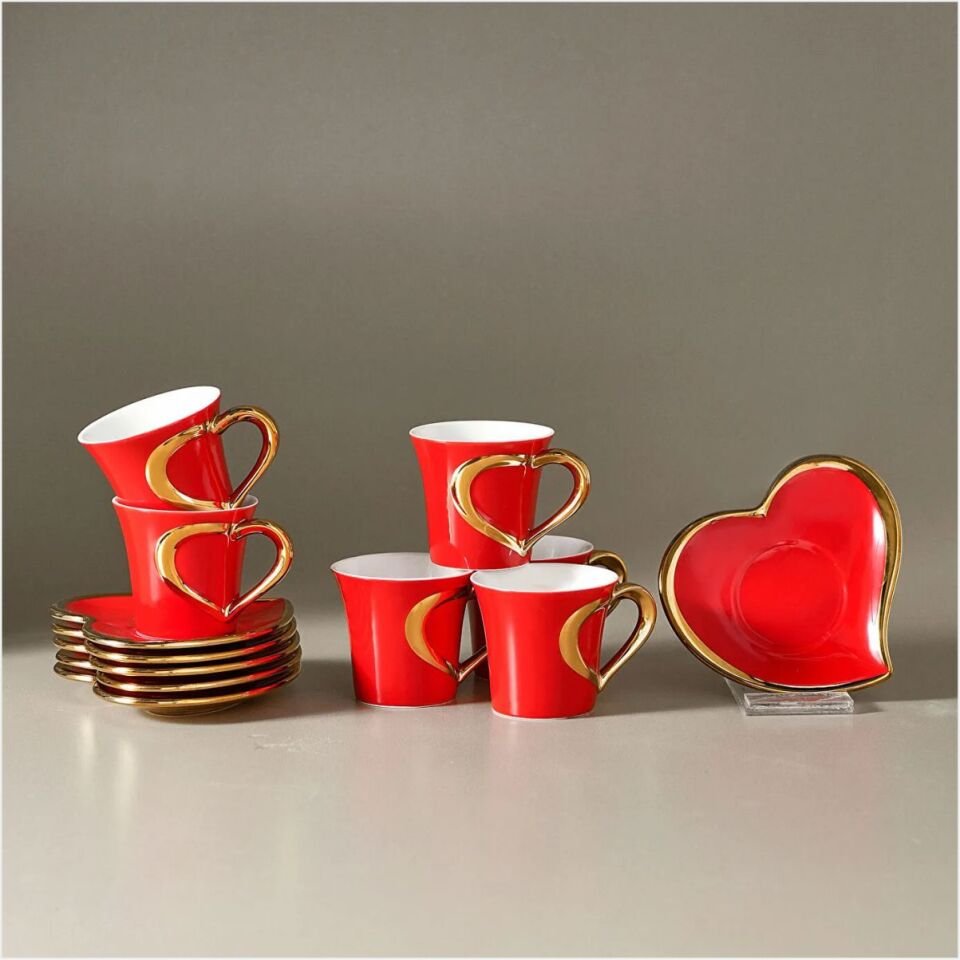 KARACA KALPTEN 6 KİŞİLİK 9 KIRMIZI GOLD KAHVE TAKIMI