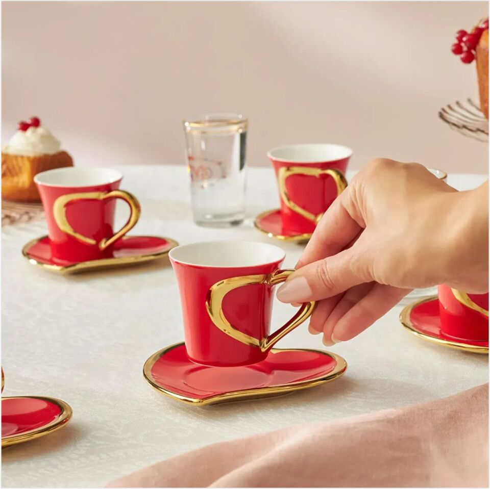 KARACA KALPTEN 6 KİŞİLİK 9 KIRMIZI GOLD KAHVE TAKIMI