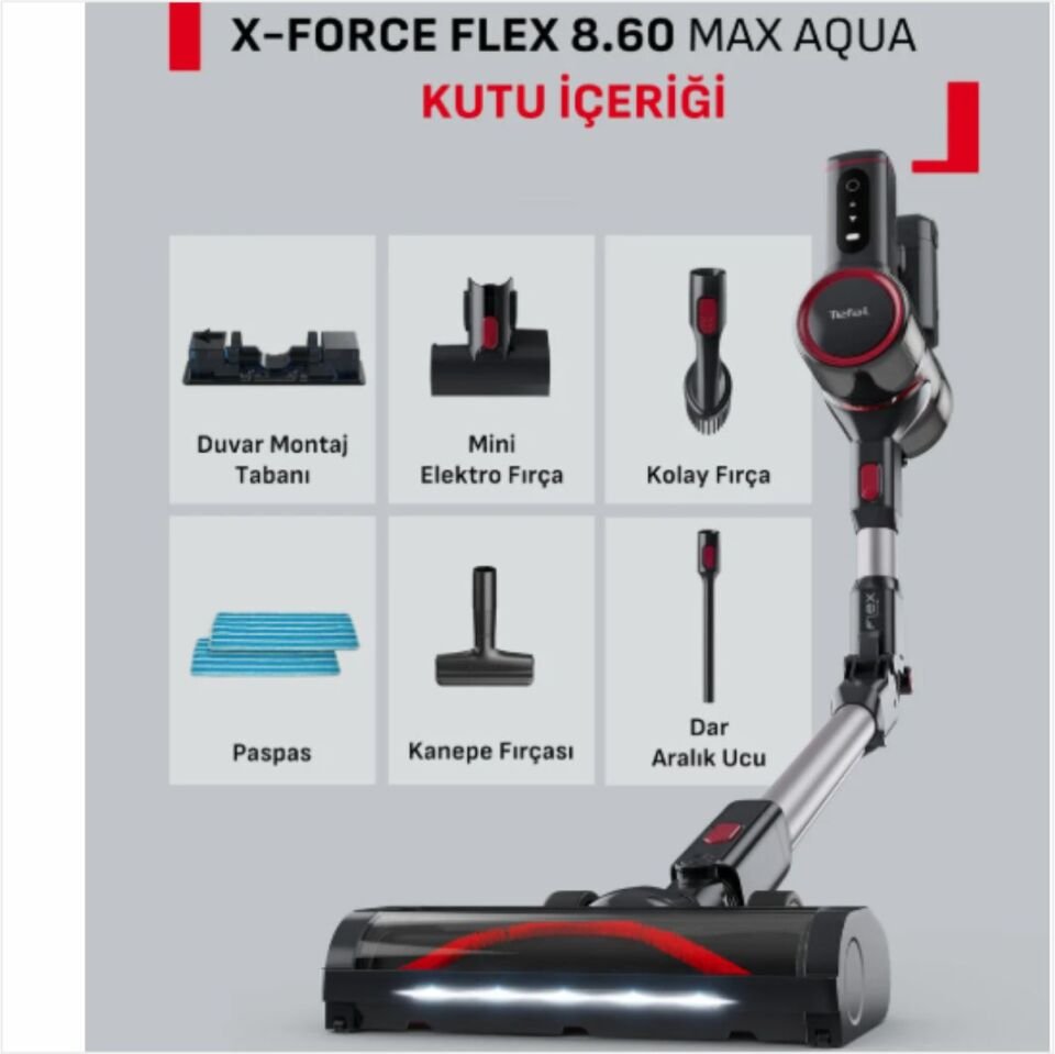 Tefal TY6T90Tr X-Force Flex 8.60 Max Aqua Kablosuz Şarjlı Dikey Süpürge