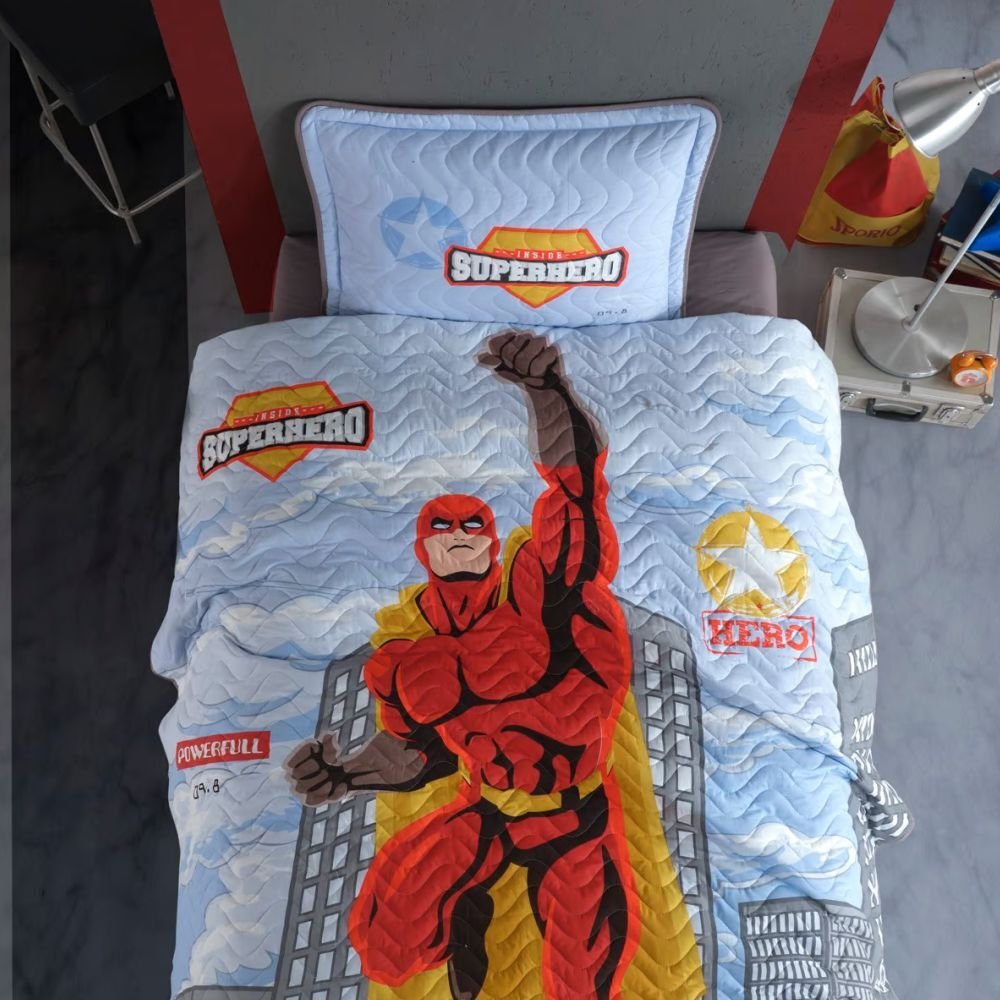 Aran Clasy Ranforce Yatak Örtüsü Seti Tek Kişilik Superhero  V1 Gri