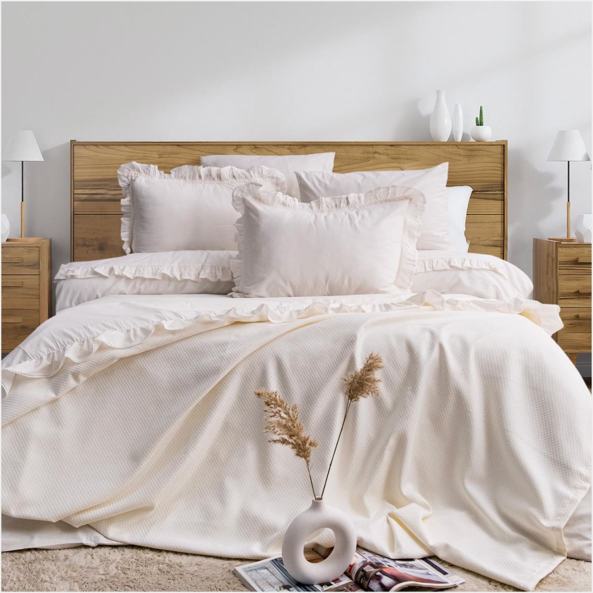 Schafer Home Laure Fırfırlı Çift Kişilik Yatak Örtüsü Seti 7 Parça-Beyaz