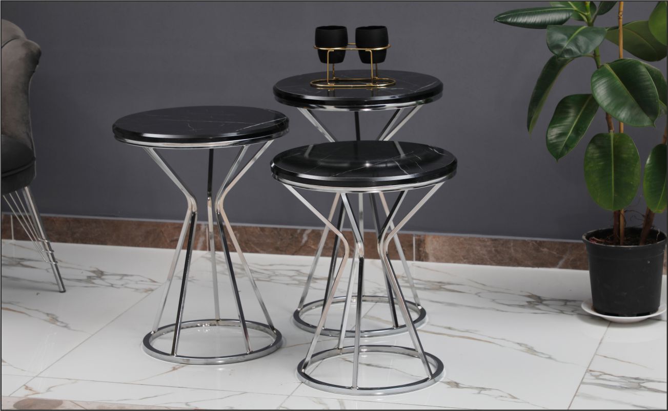 Odabaşı Kum Saati Zigon Sehpa Siyah Mermer Krom