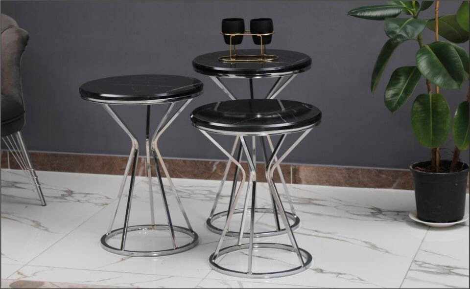 Odabaşı Kum Saati Zigon Sehpa Siyah Mermer Krom