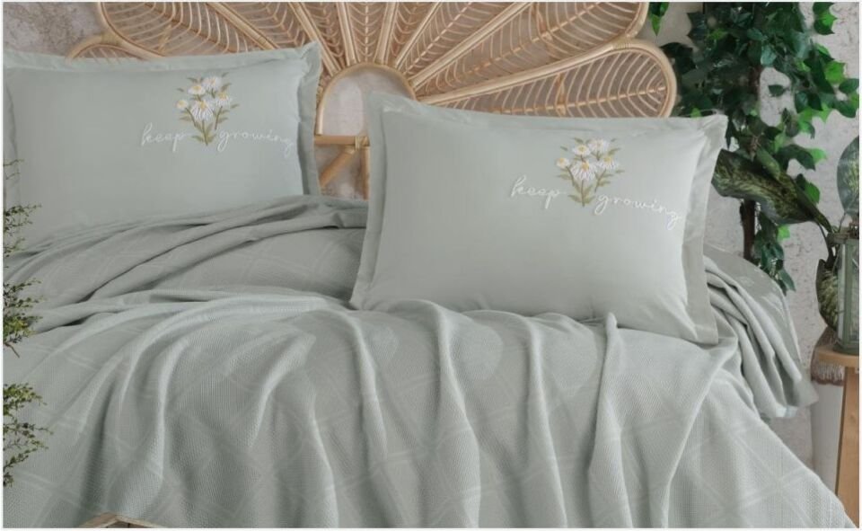 Aran Clasy Butik Çift Kişilik Nakış Detaylı Pike Takımı Etta V2 Ada Çayı