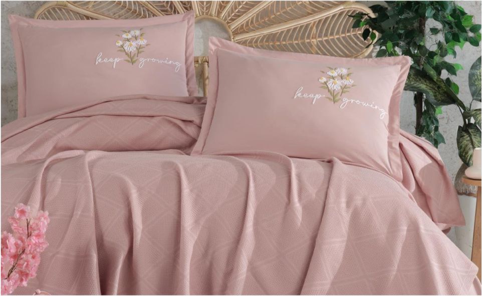 Aran Clasy Butik Çift Kişilik Nakış Detaylı Pike Takımı Etta V4 Pudra