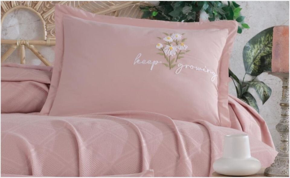 Aran Clasy Butik Çift Kişilik Nakış Detaylı Pike Takımı Etta V4 Pudra