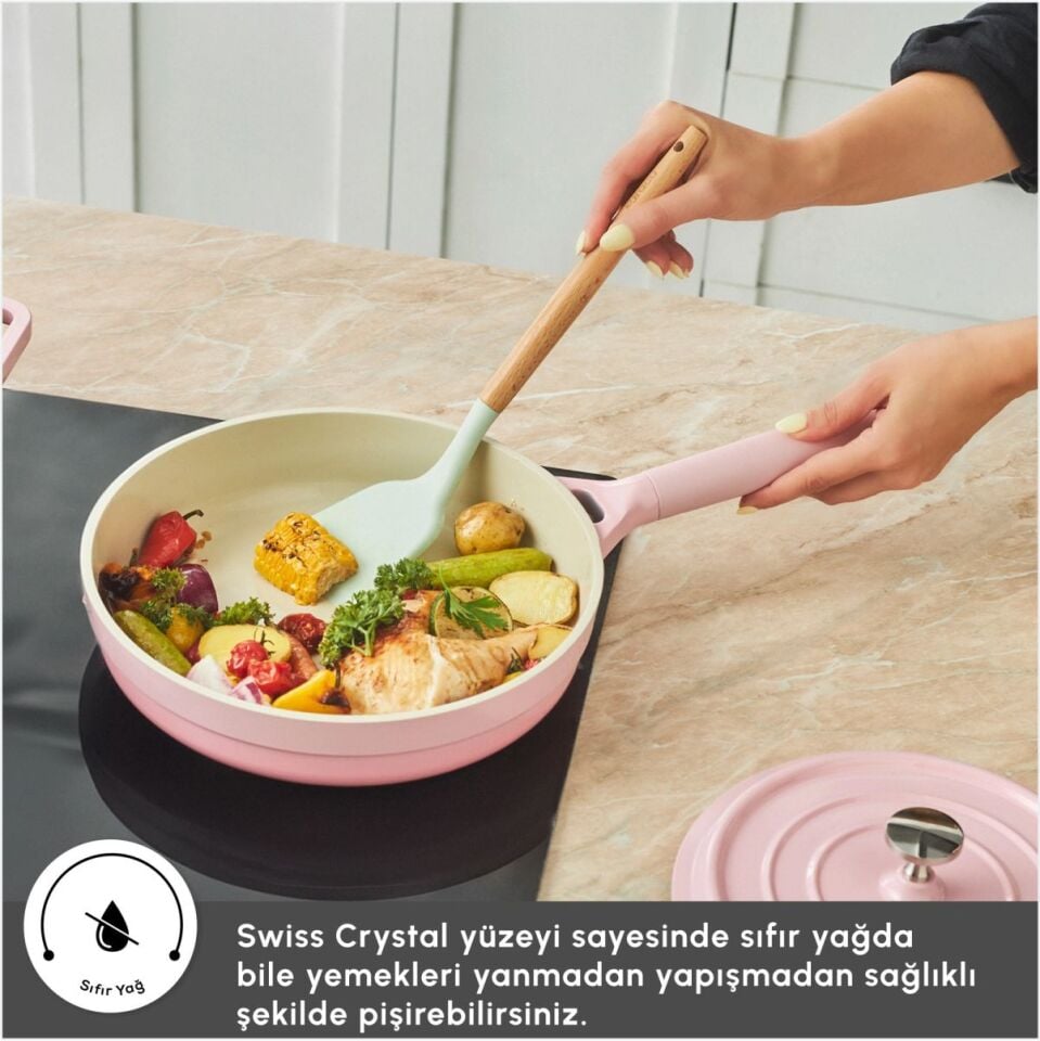 KARACA SWISS CRYSTAL NEOCAST 7 PARÇA TENCERE TAVA PEMBE