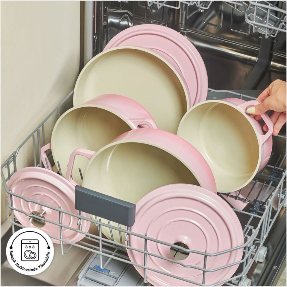 KARACA SWISS CRYSTAL NEOCAST 7 PARÇA TENCERE TAVA PEMBE