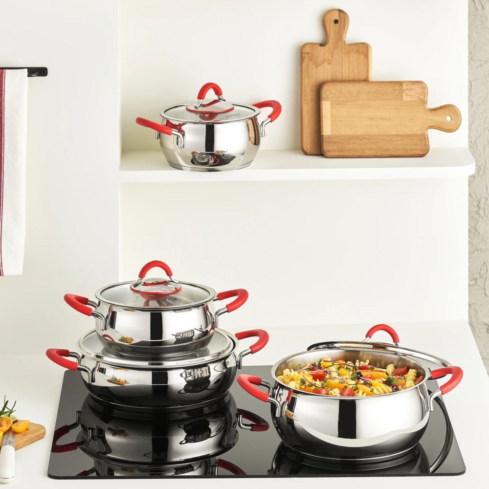 Karaca Oyster İndüksiyon Tabanlı Silikon Kulplu 8 Parça Çelik Tencere Seti Red