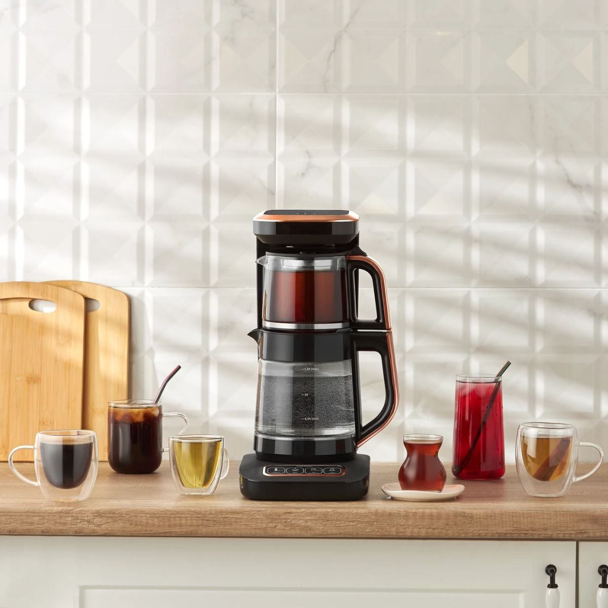 Karaca Çaysever Robotea Pro 4in1 2500 W Black Copper Konuşan Cam Çay Makinesi