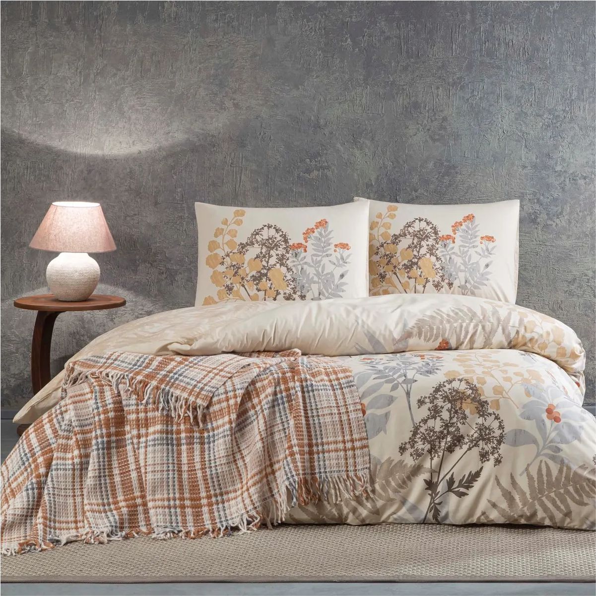 Taç Woody Çift Kişilik Scotch Battaniyeli Nevresim Takımı Bej