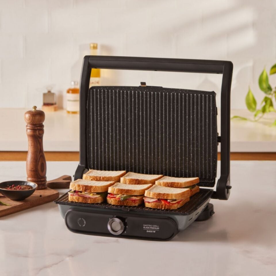 Karaca Gastro Grill Glass Premium 2400W Döküm Tost ve Izgara Makinesi Antrasit