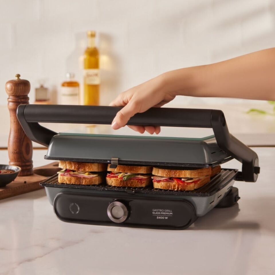 Karaca Gastro Grill Glass Premium 2400W Döküm Tost ve Izgara Makinesi Antrasit