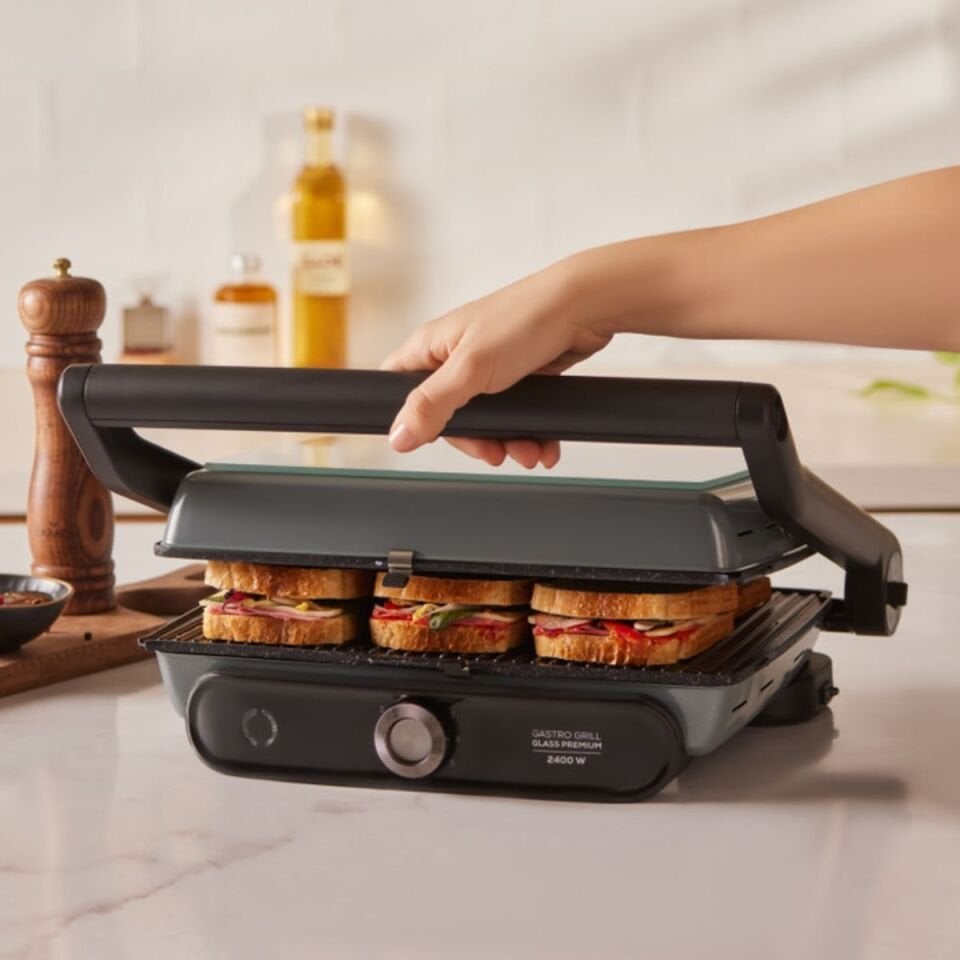 Karaca Gastro Grill Glass Premium 2400W Döküm Tost ve Izgara Makinesi Antrasit