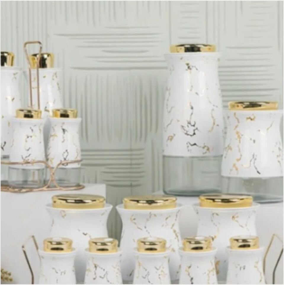 Sembol Kıtchen Art-190 Dekoratif 3'Lü Baharat Takımı Whıte-Gold