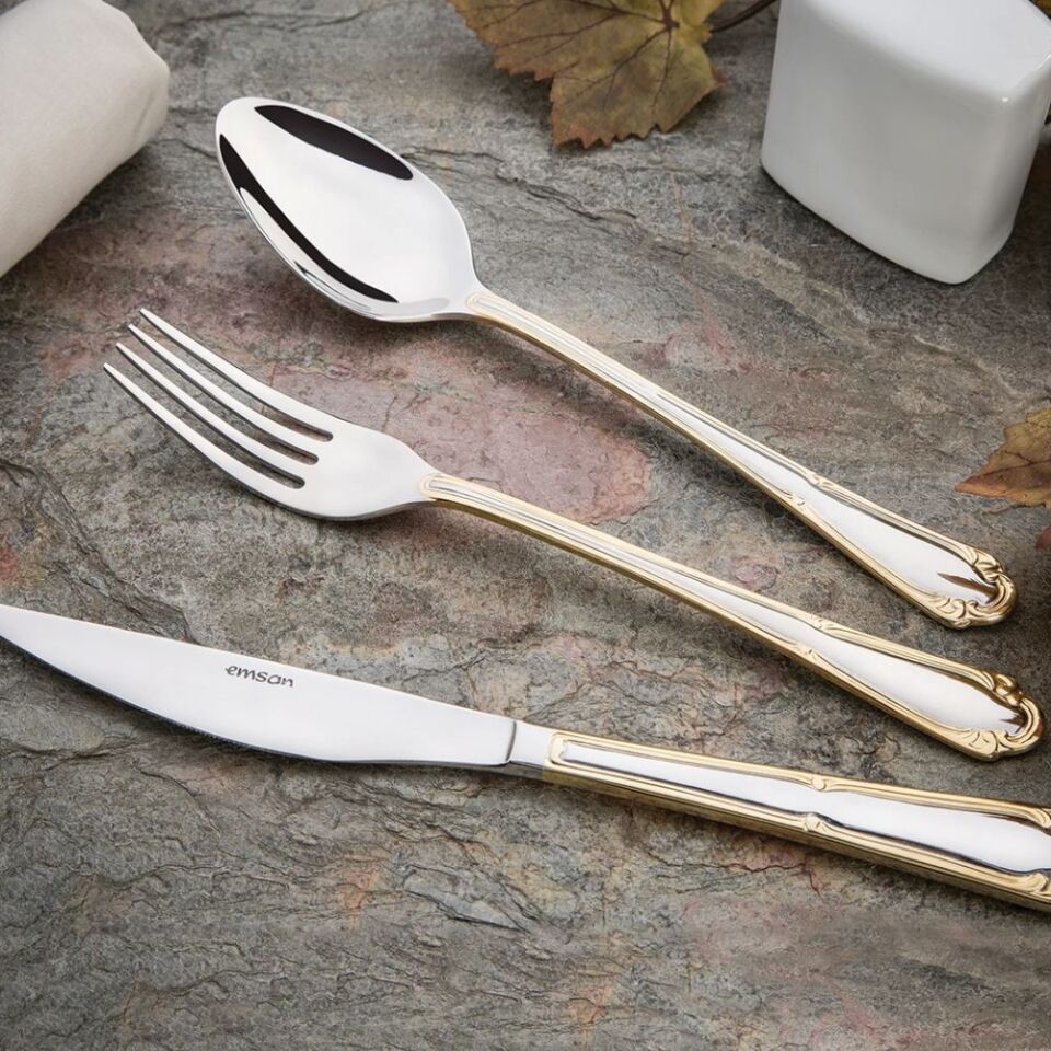 Emsan Elegance Göksu Gold 84 Parça 12 Kişilik Lüks Kutulu Çatal Kaşık Bıçak Seti