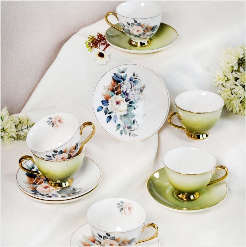 Şener  P/Por-101759Paçi-Botania Çiçekli Yaldızlı Kahve Fincan