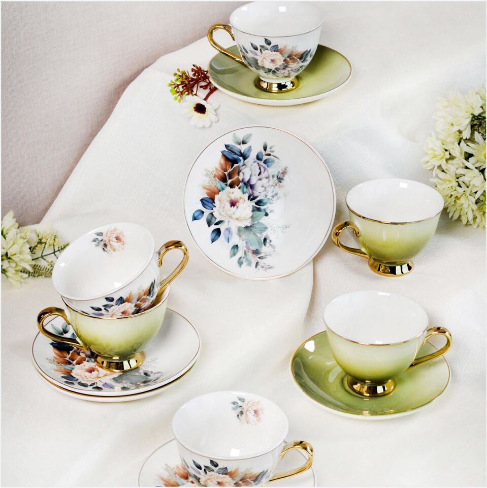 Şener  P/Por-101759Paçi-Botania Çiçekli Yaldızlı Kahve Fincan