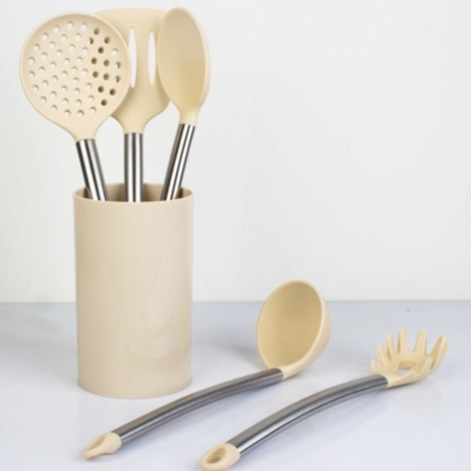 Acar Silikon Kepçe Seti Stantlı 6 Parça Metal Saplı
