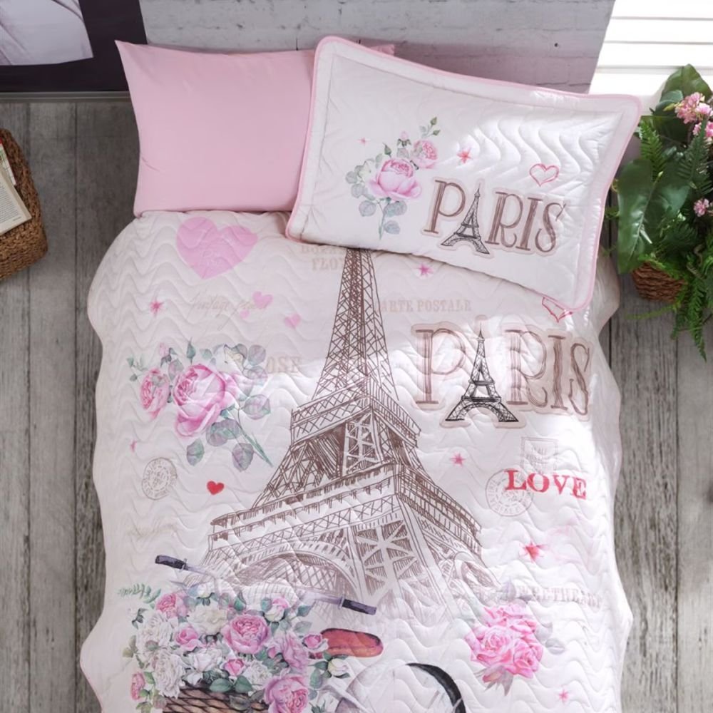 Aran Clasy Ranforce %100 Pamuk Tek Kişilik Yatak Örtüsü Seti Paris Love V1 Pembe