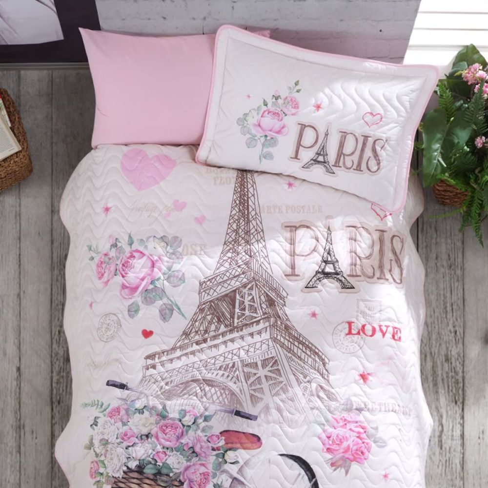 Aran Clasy Ranforce %100 Pamuk Tek Kişilik Yatak Örtüsü Seti Paris Love V1 Pembe