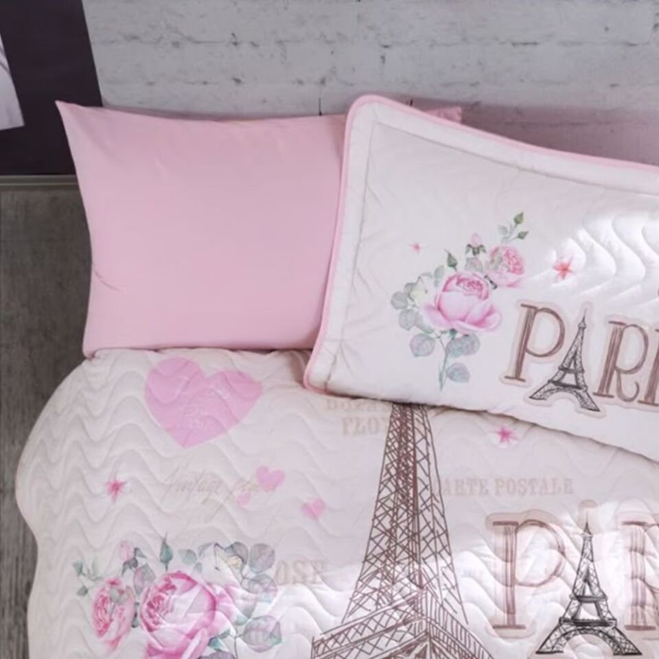 Aran Clasy Ranforce %100 Pamuk Tek Kişilik Yatak Örtüsü Seti Paris Love V1 Pembe