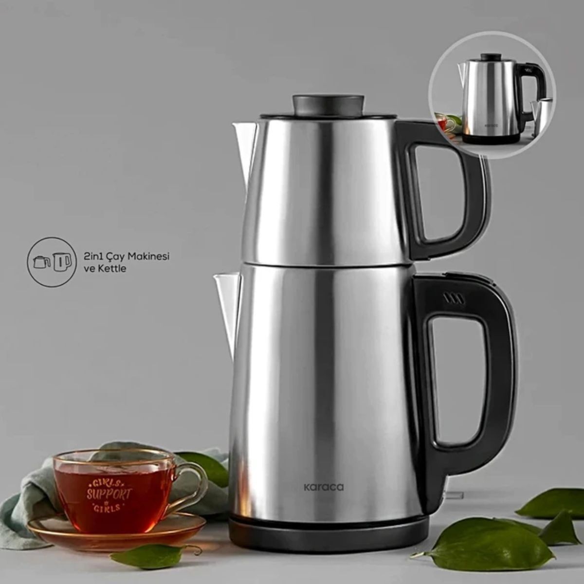 Karaca 2 In 1 Çelik Su Isıtıcı Çay Makinesi Inox Aile Boyu Geniş Kapasite
