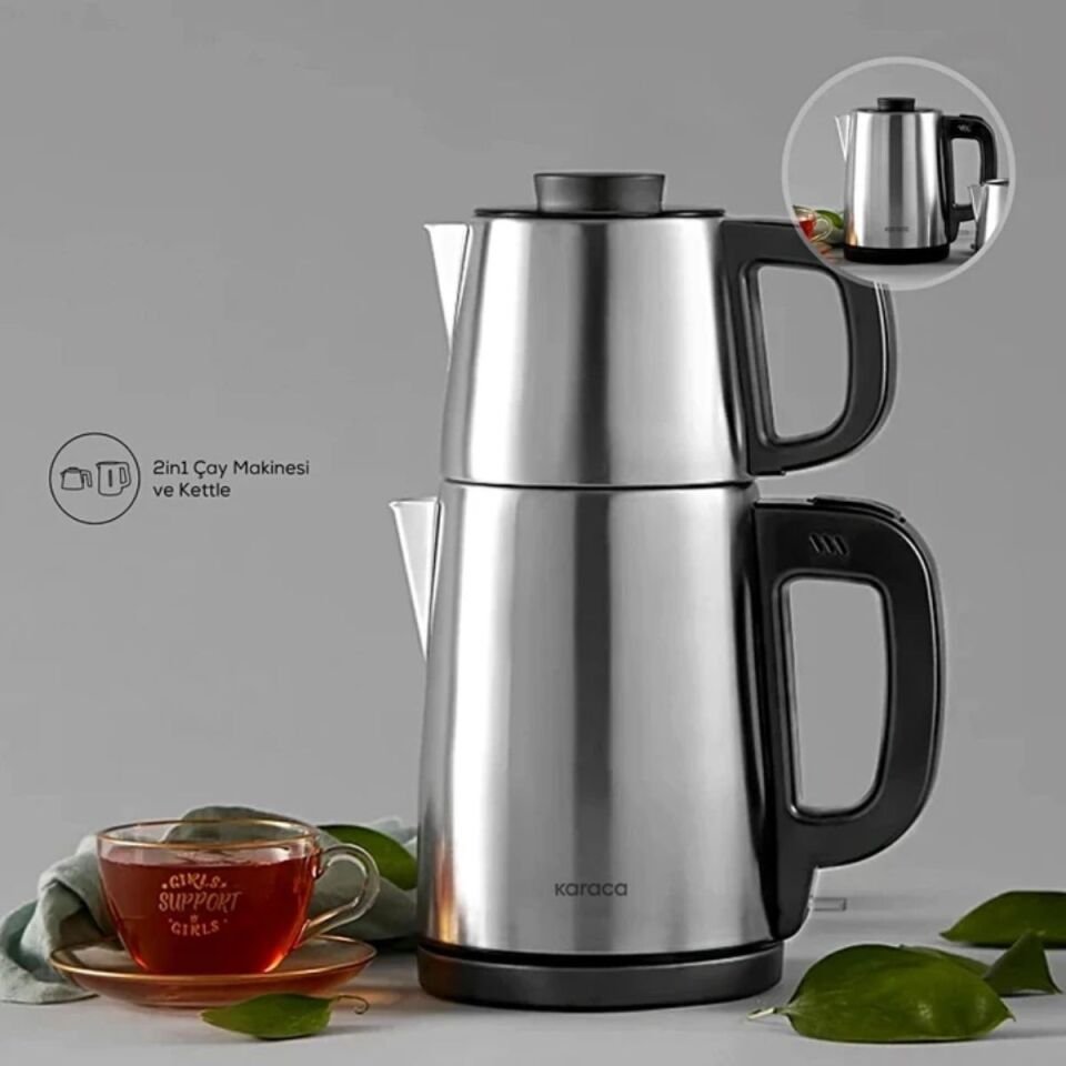 Karaca 2 In 1 Çelik Su Isıtıcı Çay Makinesi Inox Aile Boyu Geniş Kapasite