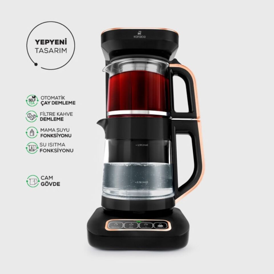 Karaca Çaysever Robotea Pro 4in1 2500 W Black Copper Konuşan Cam Çay Makinesi