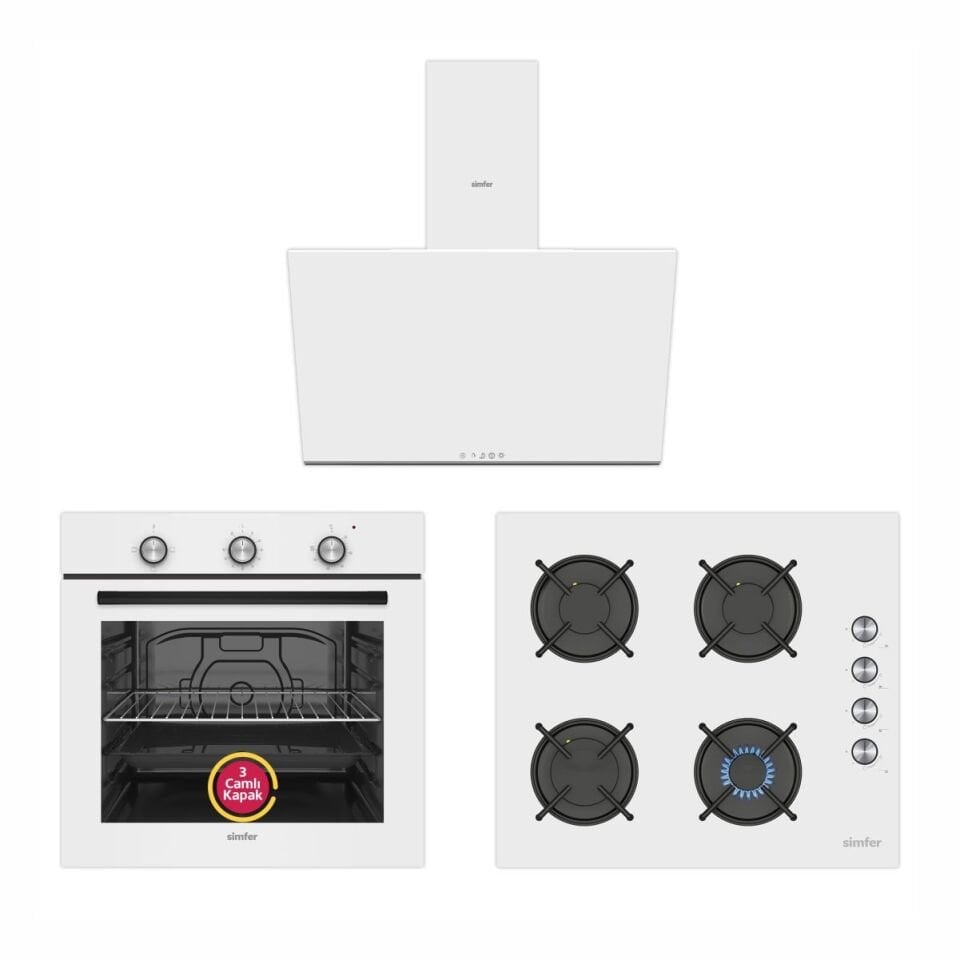 Simfer Dıamond Ankastre Beyaz Set (Sb-8202 Fırın + 3048 Ocak + Sd-8722 Davlumbaz)