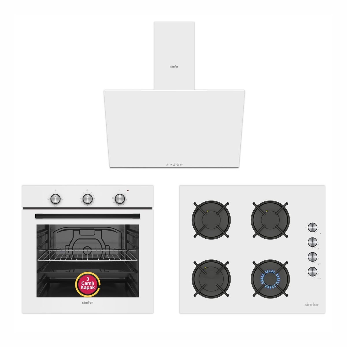 Simfer Dıamond Ankastre Beyaz Set (Sb-8202 Fırın + 3048 Ocak + Sd-8722 Davlumbaz)
