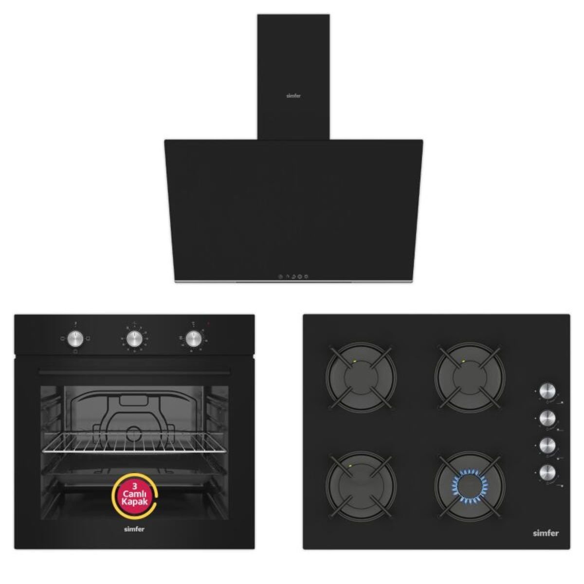 Simfer Dıamond Ankastre Siyah  Set (Sb-8201 Fırın + 3046 Ocak + Sd-8721 Davlumbaz)