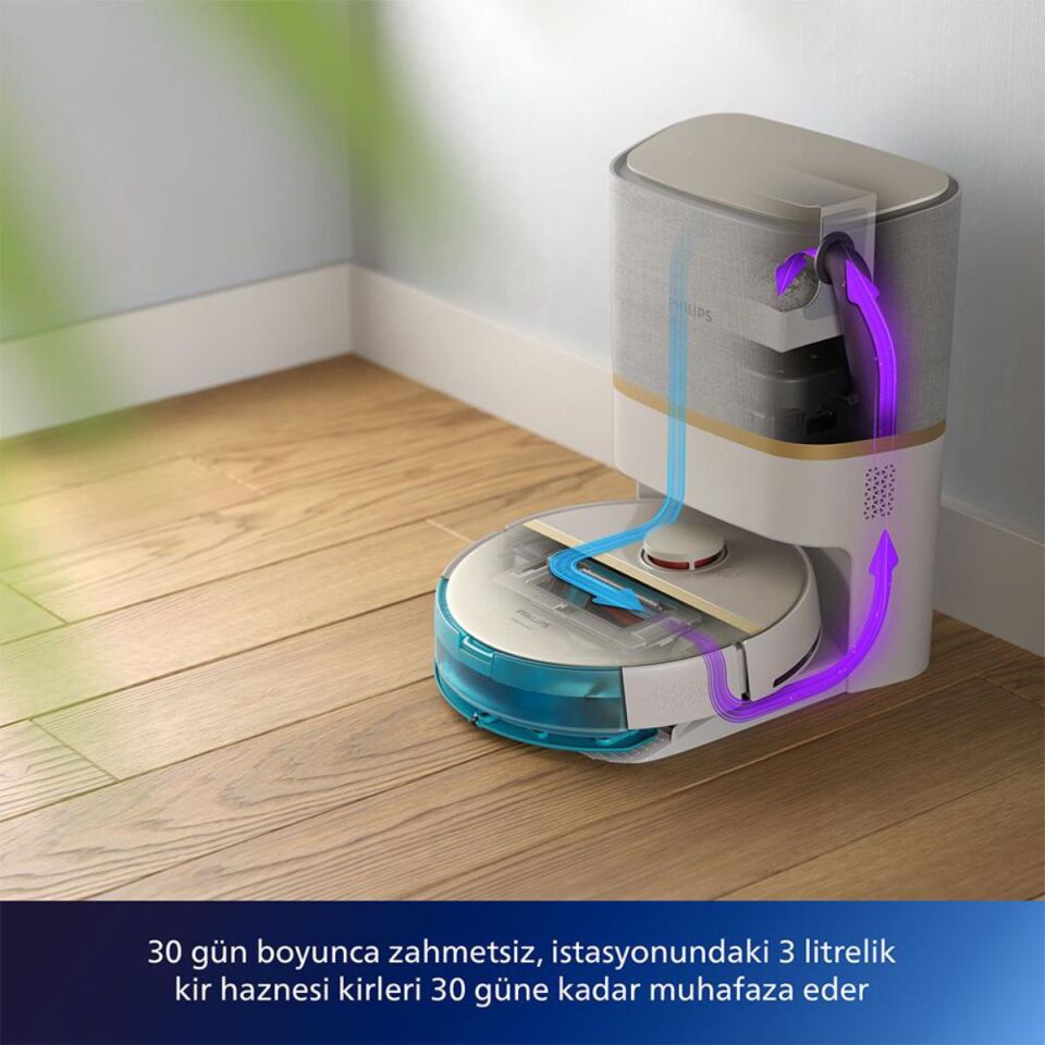 Philips HomeRun 7000 Serisi Aqua XU7100/02 Çöp İstasyonlu Beyaz Gold Akıllı Robot Süpürge