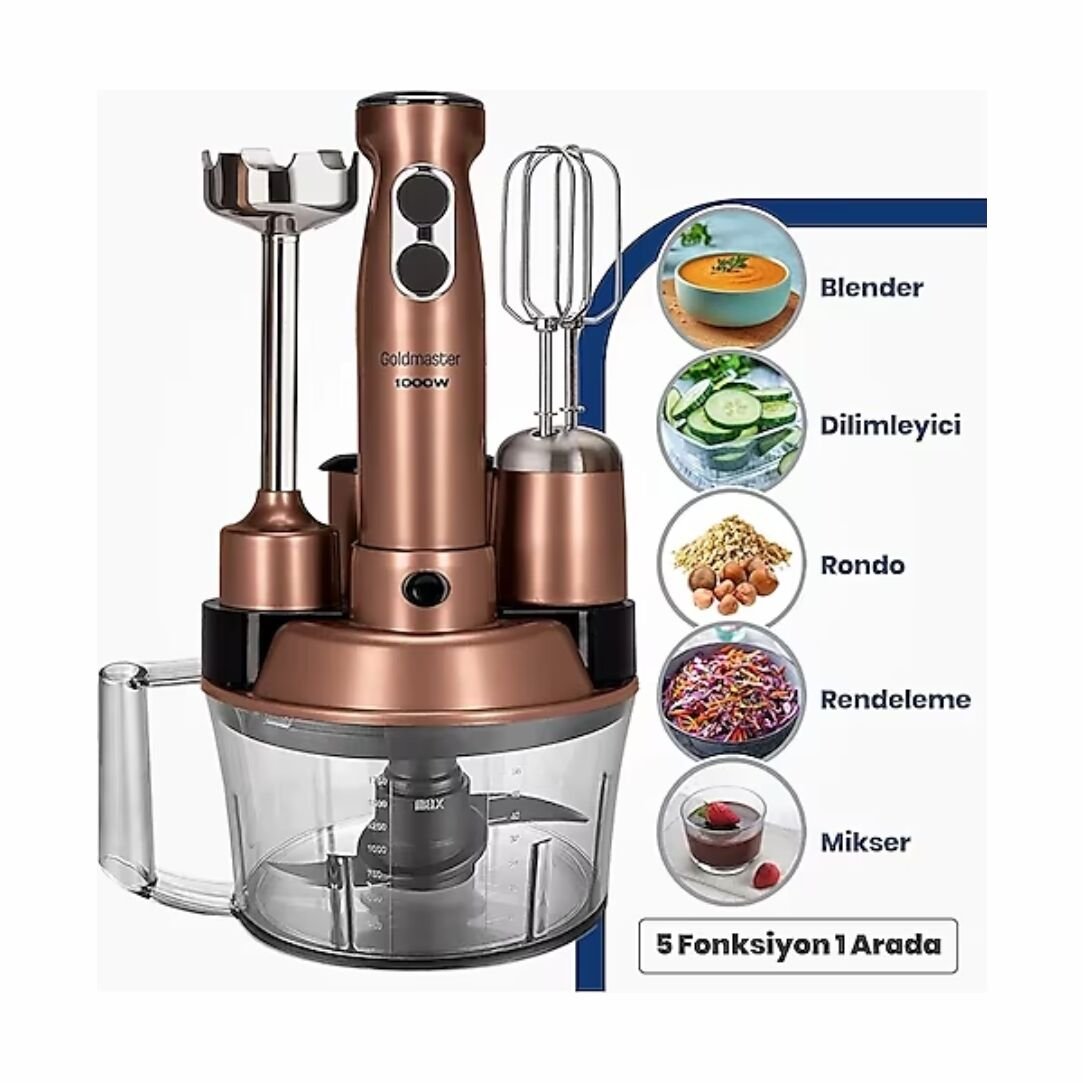 Goldmaster Robotix 1000 Watt 5 In 1 Mutfak Robotu Multi Blender Seti Gold