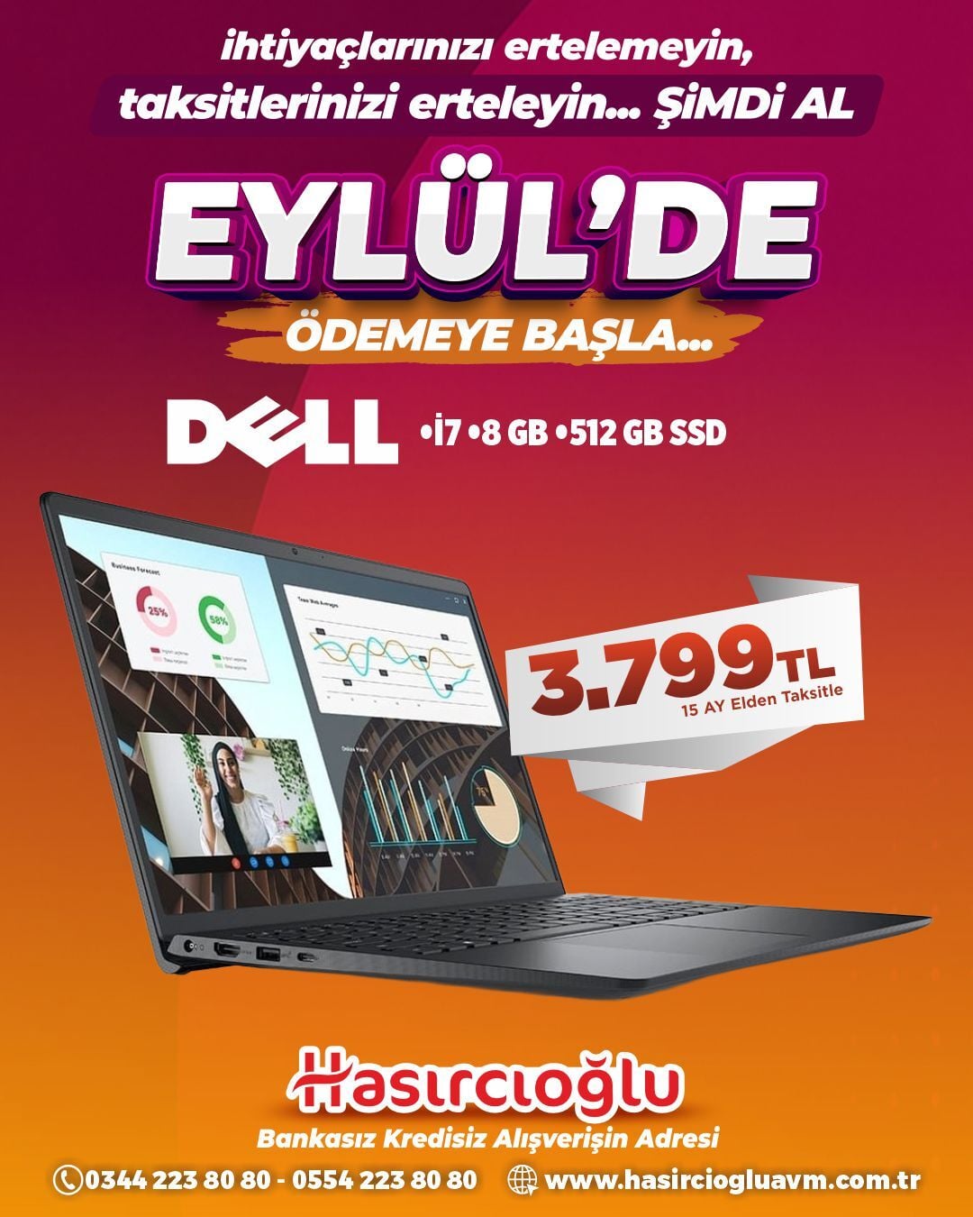 DELL i7 işlemci, 8 GB RAM ve 512 GB SSD depolama alanına sahip