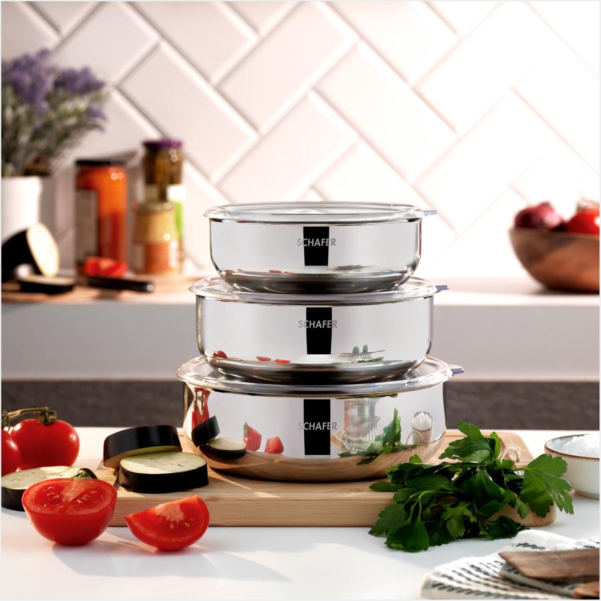 SCHAFER PRACTİ ÇELİK SAKLAMA KABI 3 LÜ (16-18-20 CM) -6 PARÇA-INOX