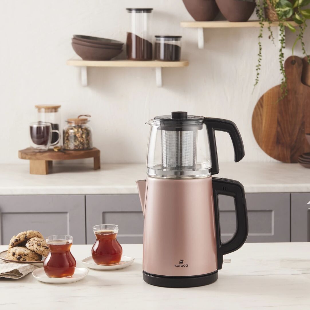 Karaca Tea Glass 2 in 1 Çelik Çay Makinesi ve Kettle Rosegold