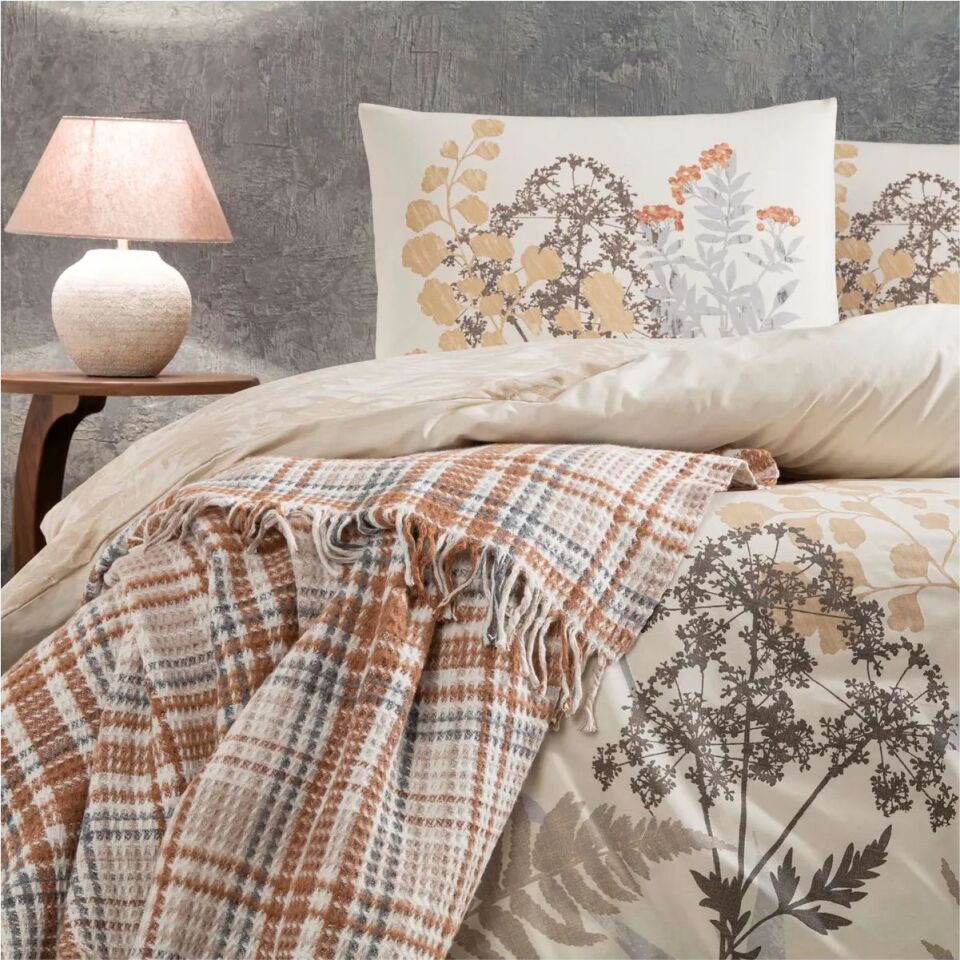 Taç Woody Çift Kişilik Scotch Battaniyeli Nevresim Takımı Bej