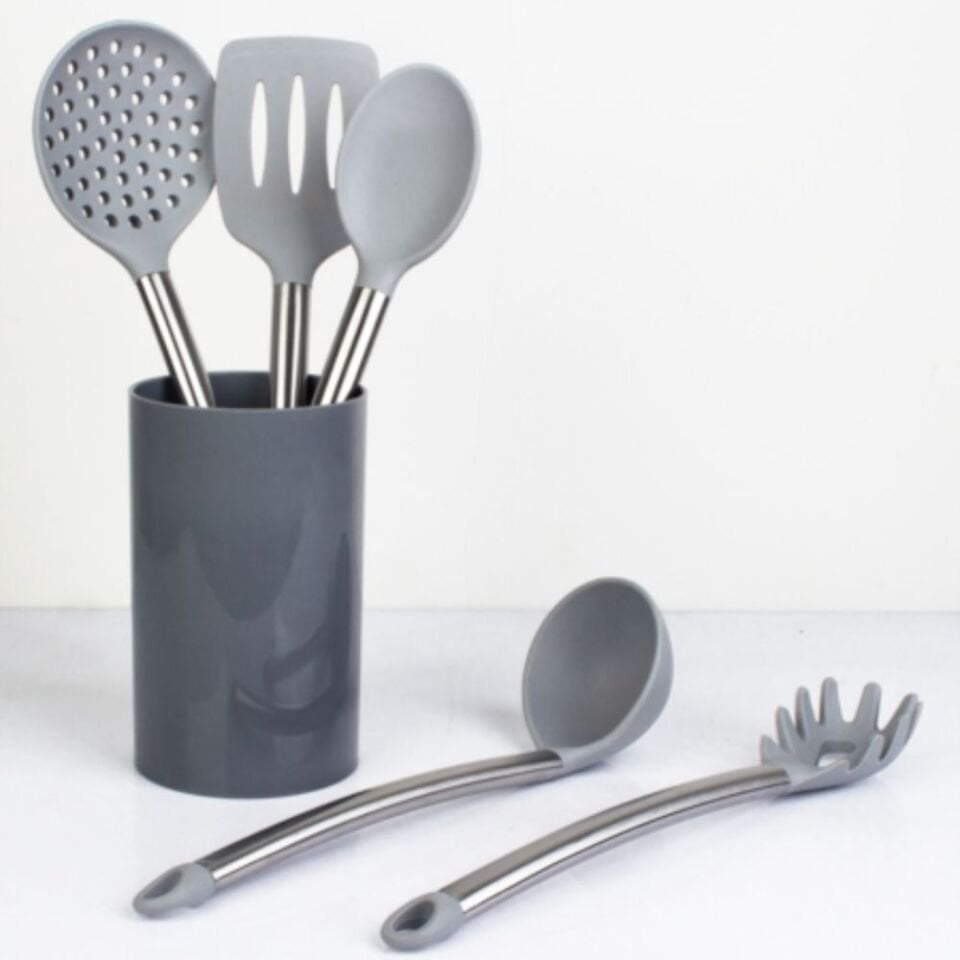 Acar Silikon Kepçe Seti Stantlı 6 Parça Metal Saplı