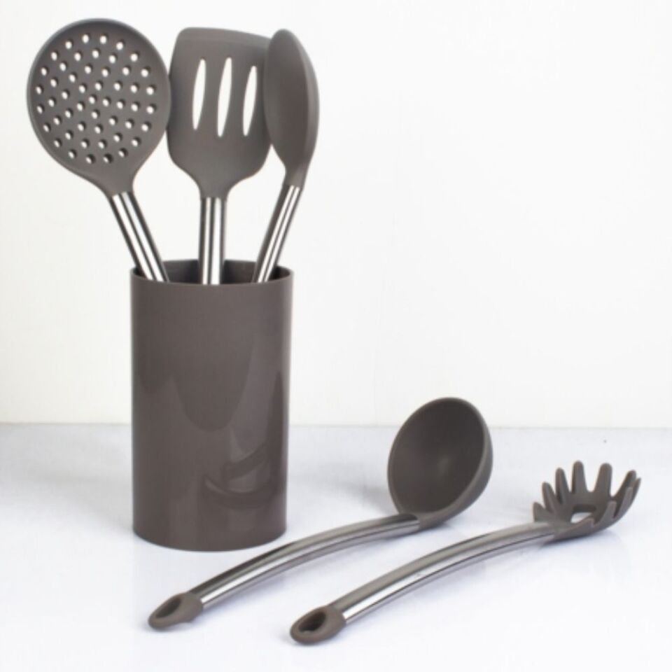 Acar Silikon Kepçe Seti Stantlı 6 Parça Metal Saplı