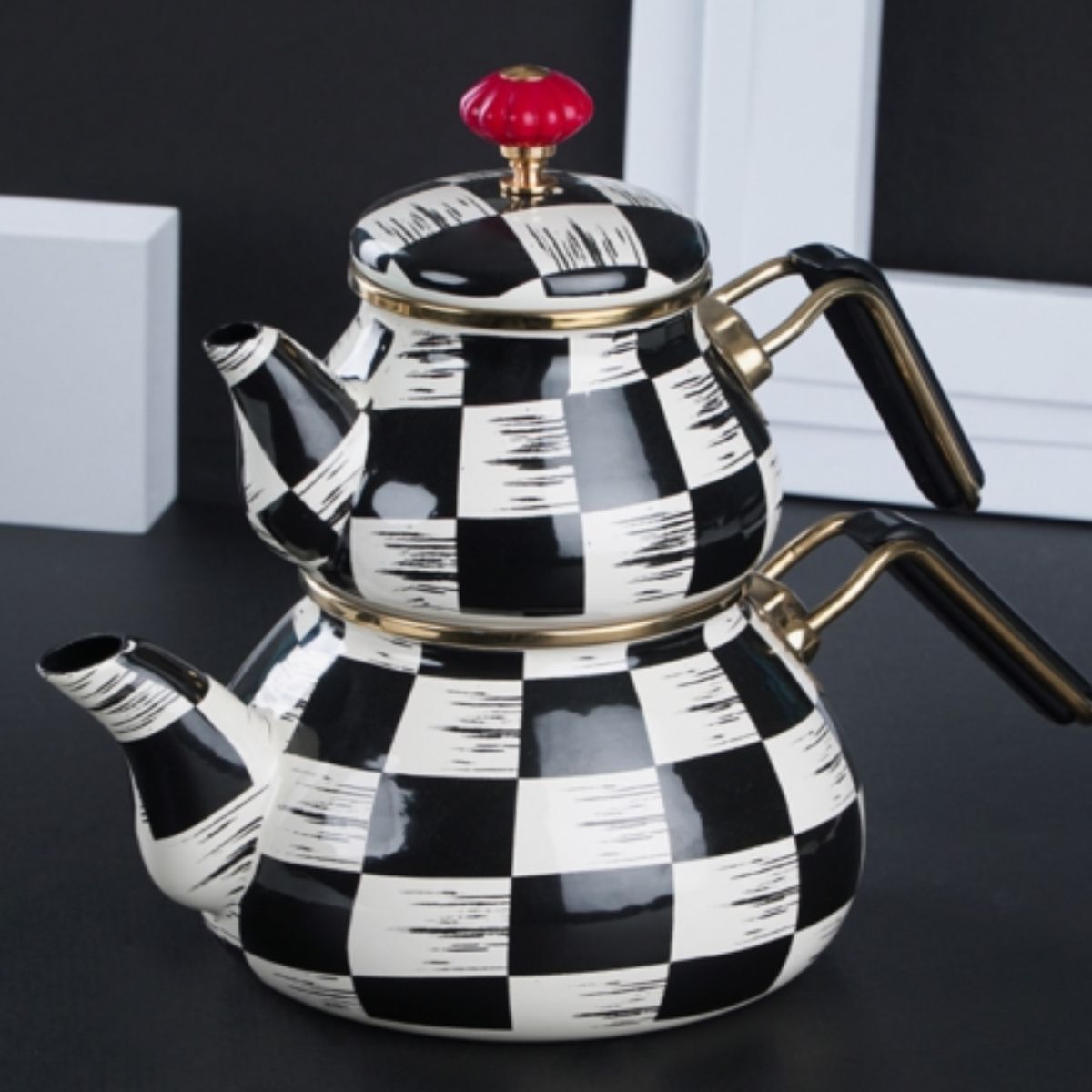 Acar Qualita King Emaye Dama Dekor Tombul Çaydanlık