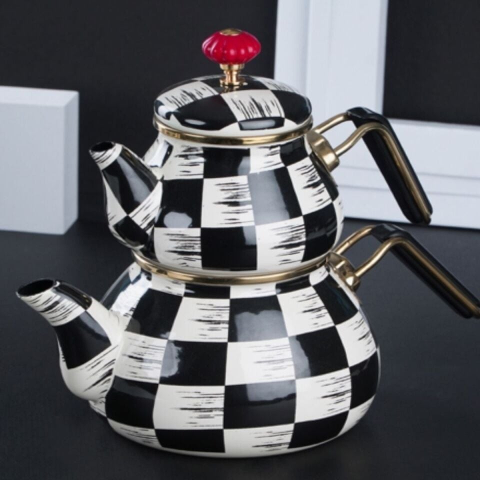 Acar Qualita King Emaye Dama Dekor Tombul Çaydanlık