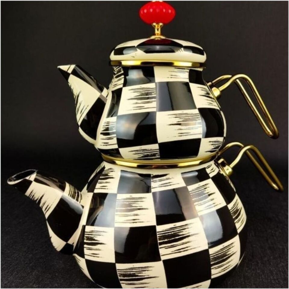 Acar Qualita King Emaye Dama Dekor Tombul Çaydanlık