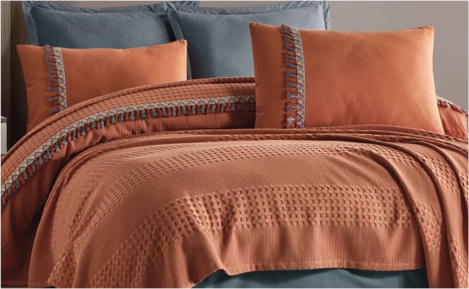 Aran Clasy Butik Tek Kişilik Püsküllü Pike Takımı Bohamline V2 Kiremit