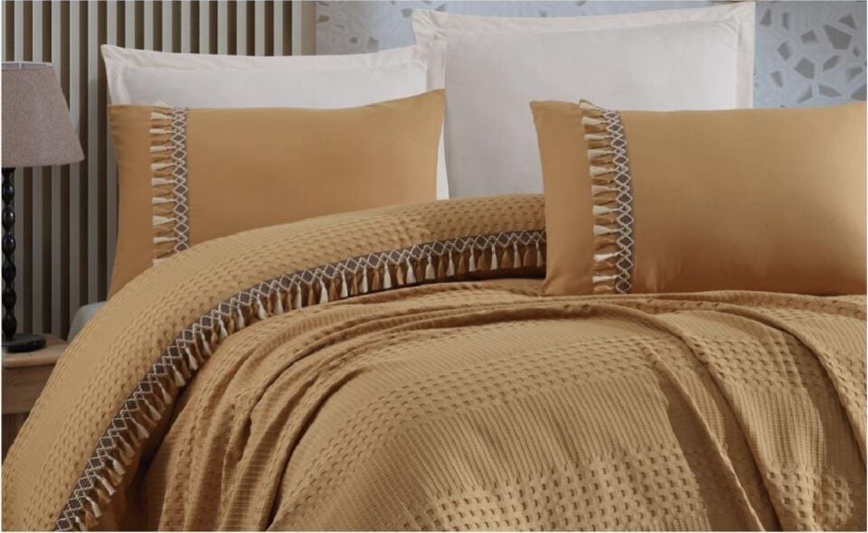 Aran Clasy Butik Tek Kişilik Püsküllü Pike Takımı Bohamline V6 Hardal