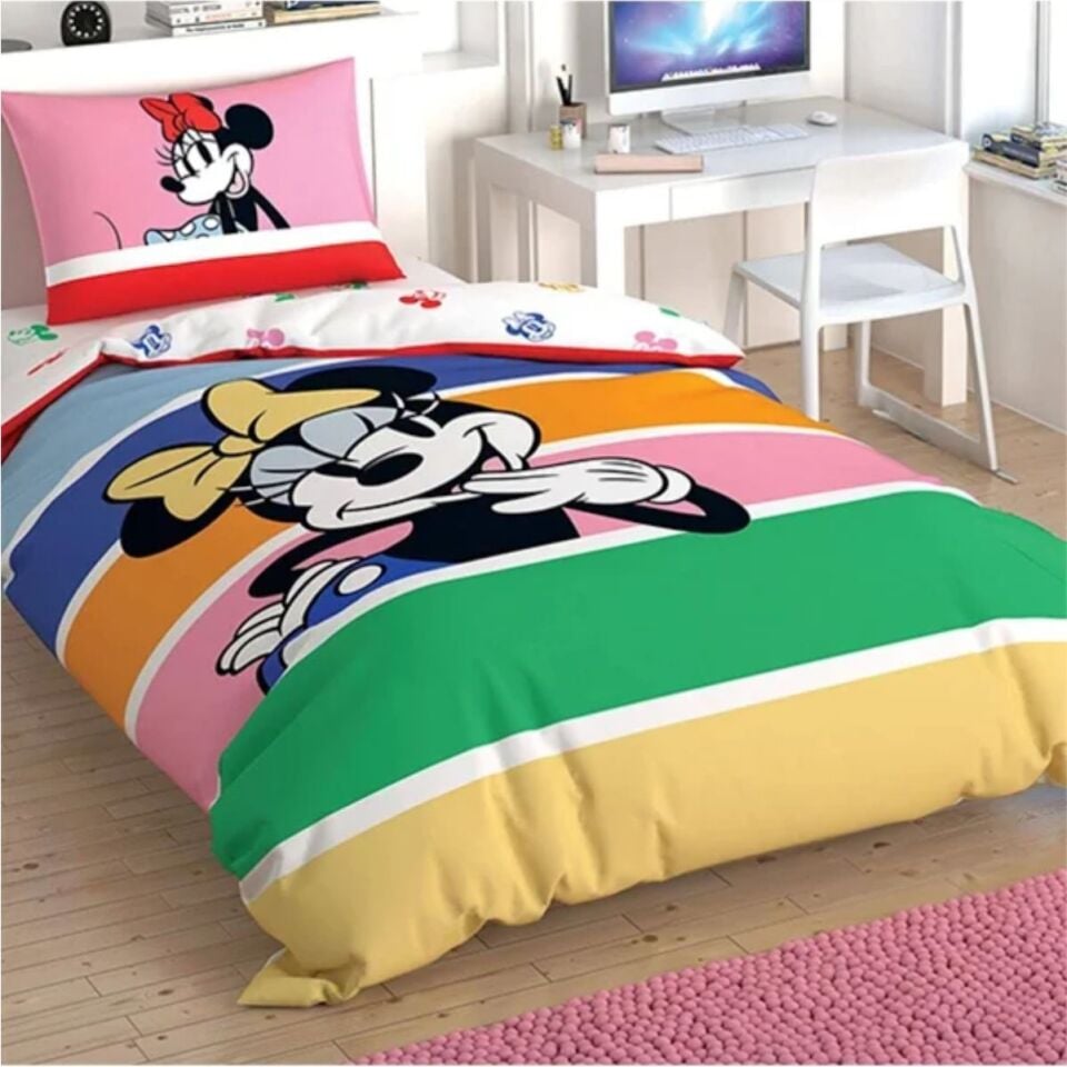 Taç Tek Kişilik Lisanslı Nevresim Takımı Minnie Mouse Rainbow